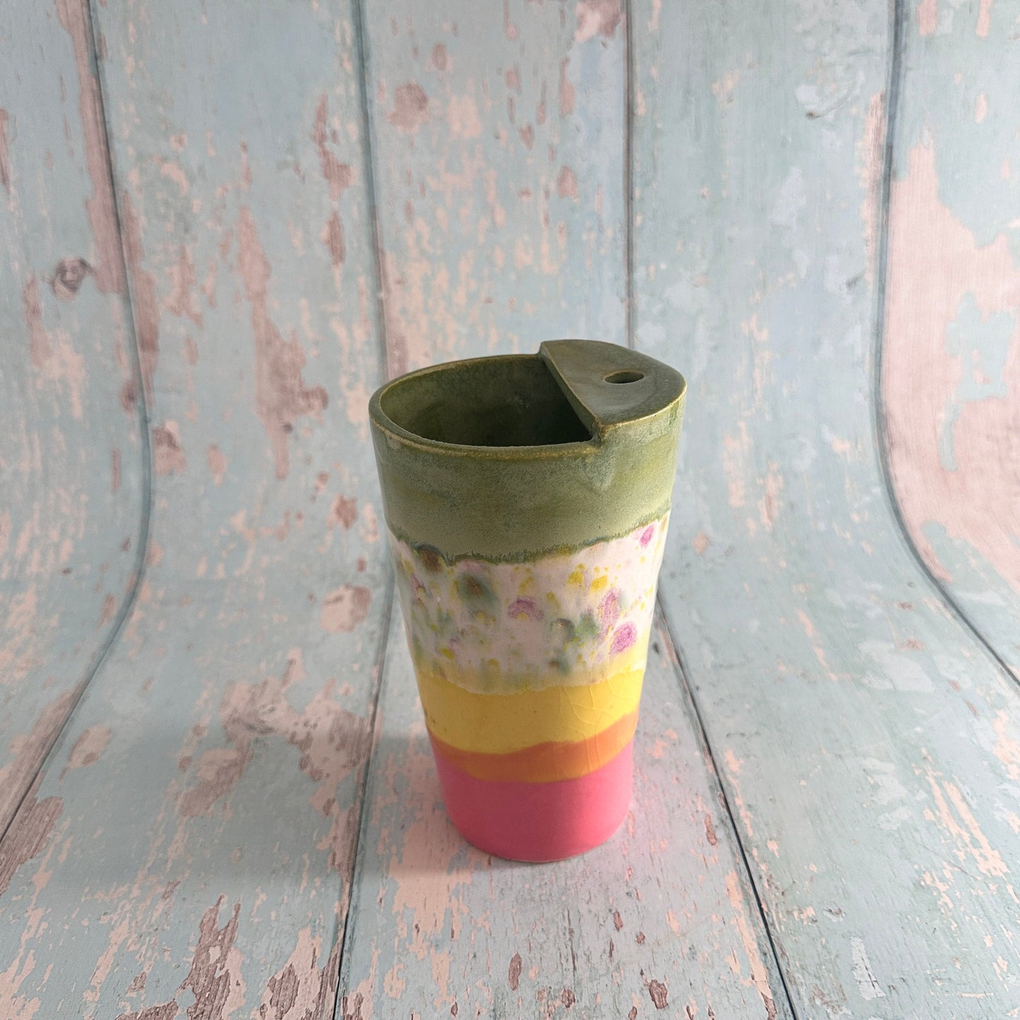 Pink and Yellow and Green Straw Holder Tumbler, Large Ceramic Cup