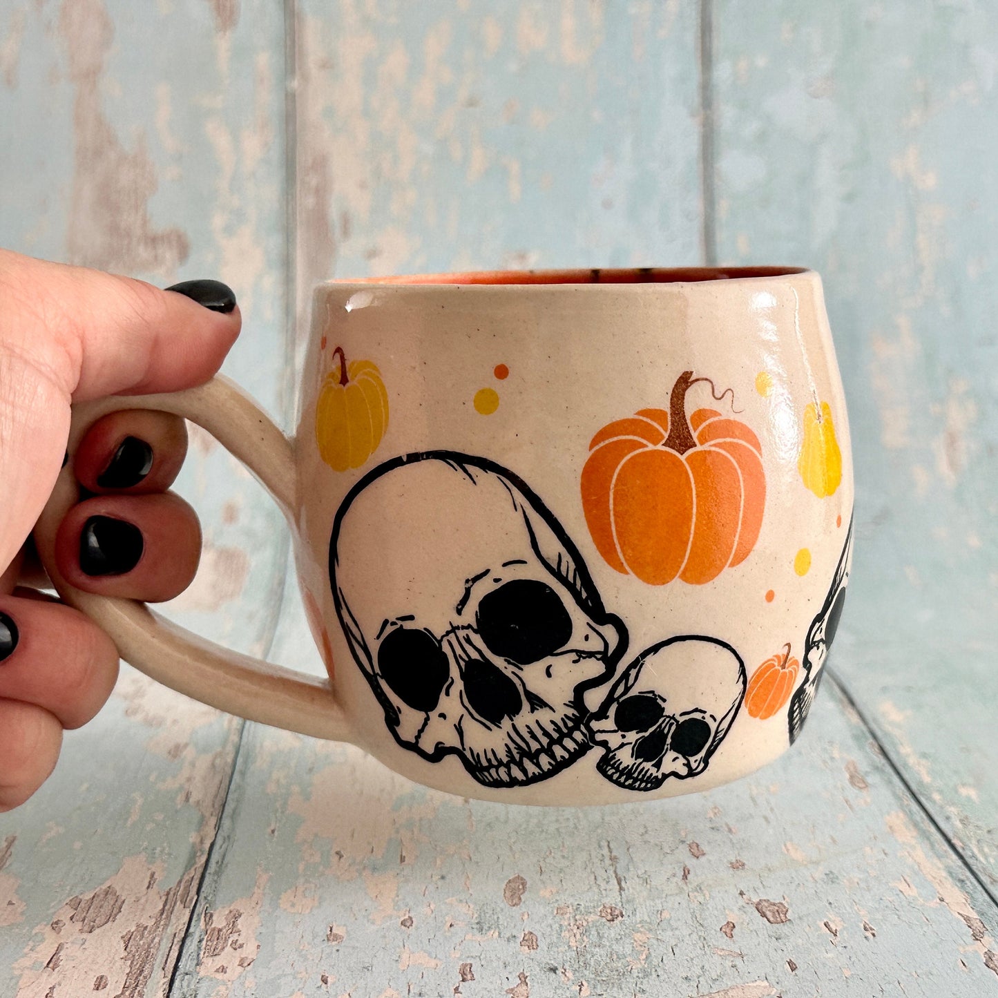 Spooky Halloween Skull and Pumpkin Mug, Orange and Yellow Handmade Ceramic Cup