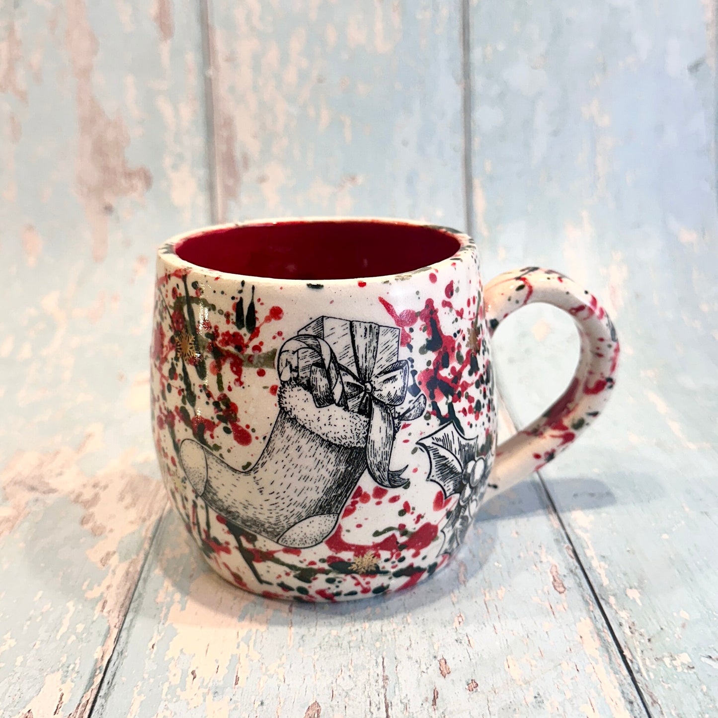 Large Christmas Mug, Handmade Ceramic Cup, Green Red Gold