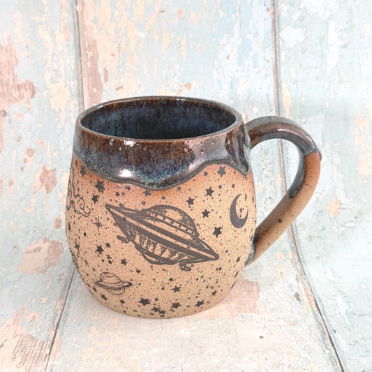 Blue Space UFO Mug, Large Ceramic Cup, UAP Alien