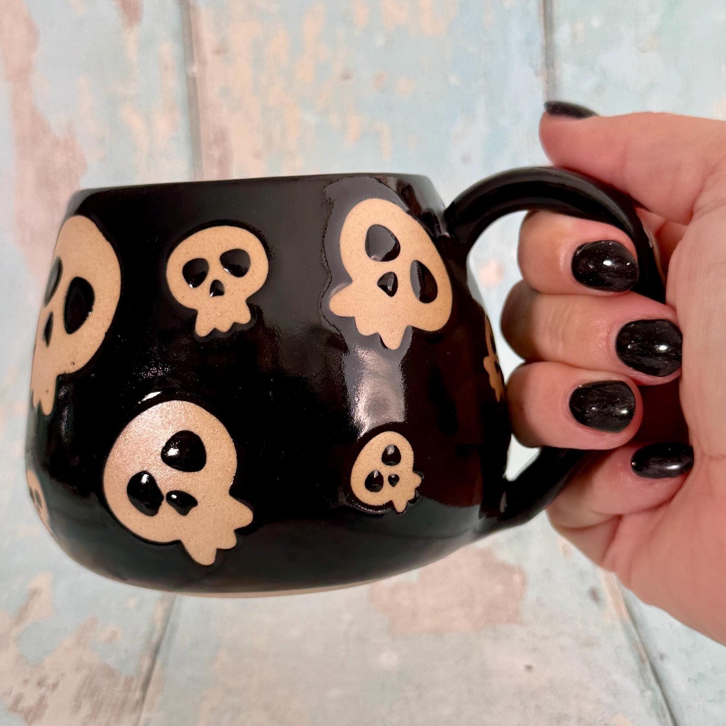 Black Skull Mug, Handmade Ceramic Cup, Spooky Halloween Mug