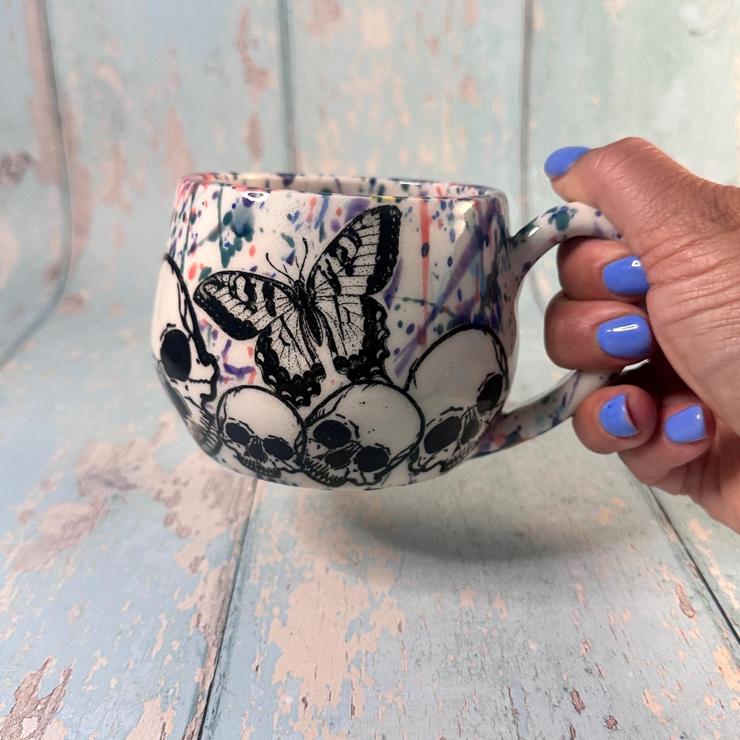 Skull and Butterfly Mug, Pink Purple Handmade Ceramic Cup