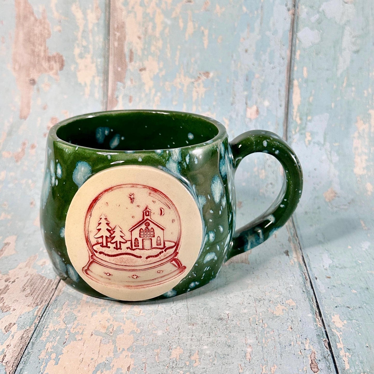 Green Christmas Snow Globe Mug, Handmade Ceramic Cup