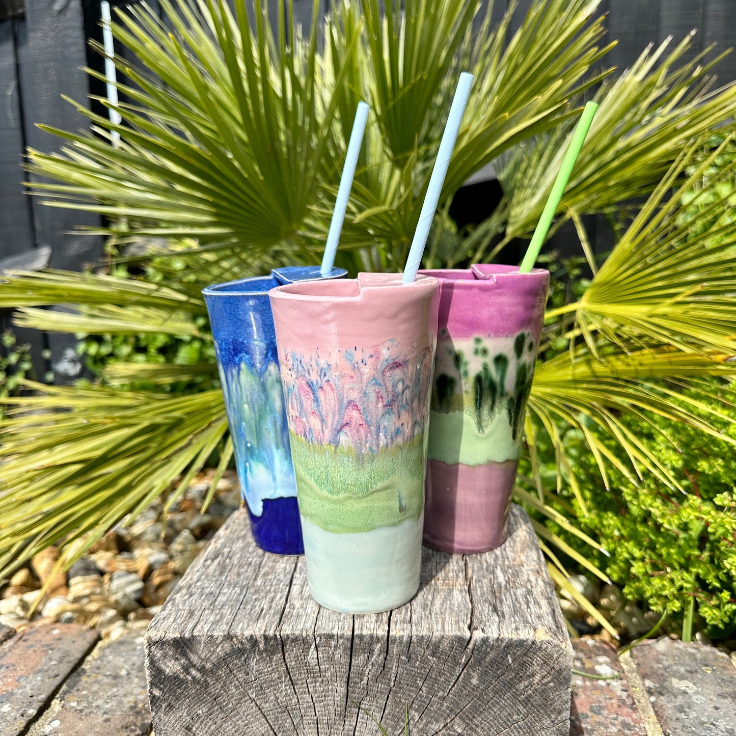 Tall Ceramic Cold Drink Straw Holding Tumbler, Handmade Modern Purple Cup