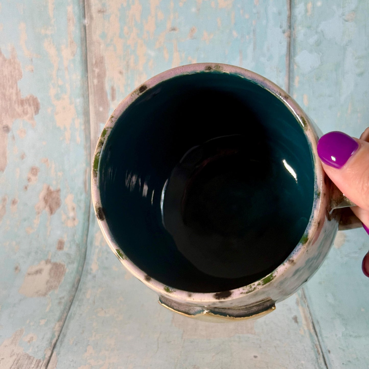 Purple and Green Gold Star Mug, Handmade Ceramic Mug