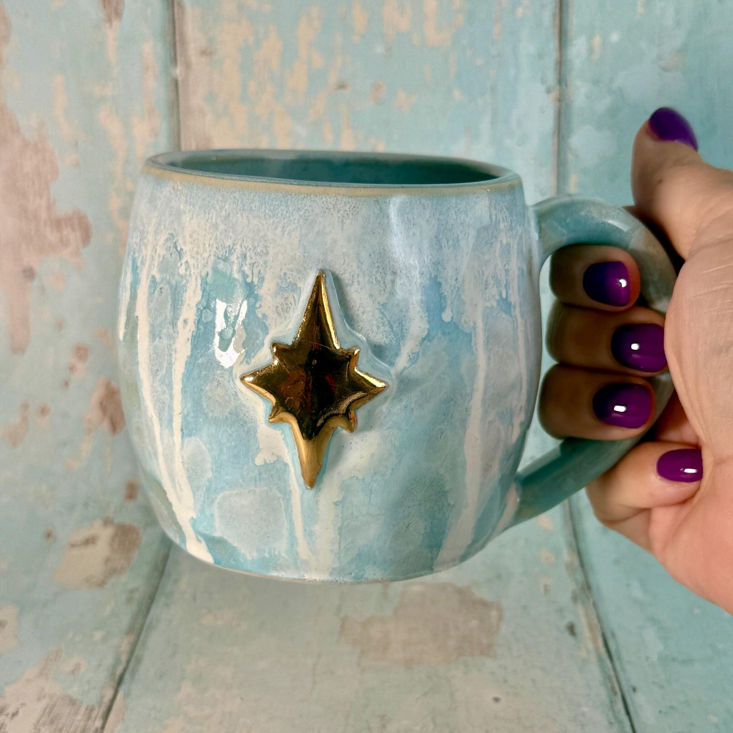 Blue and Gold Northern Star Mug, Handmade Ceramic Mug