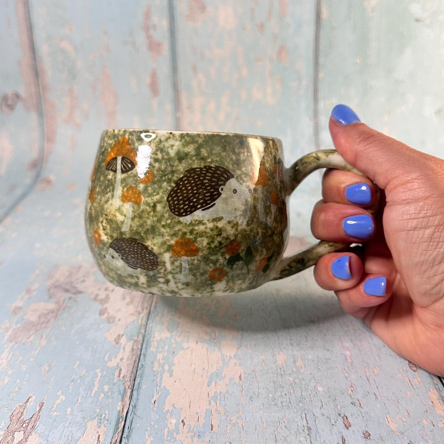 Green and Black Hedgehog Mug, Large Ceramic Cup
