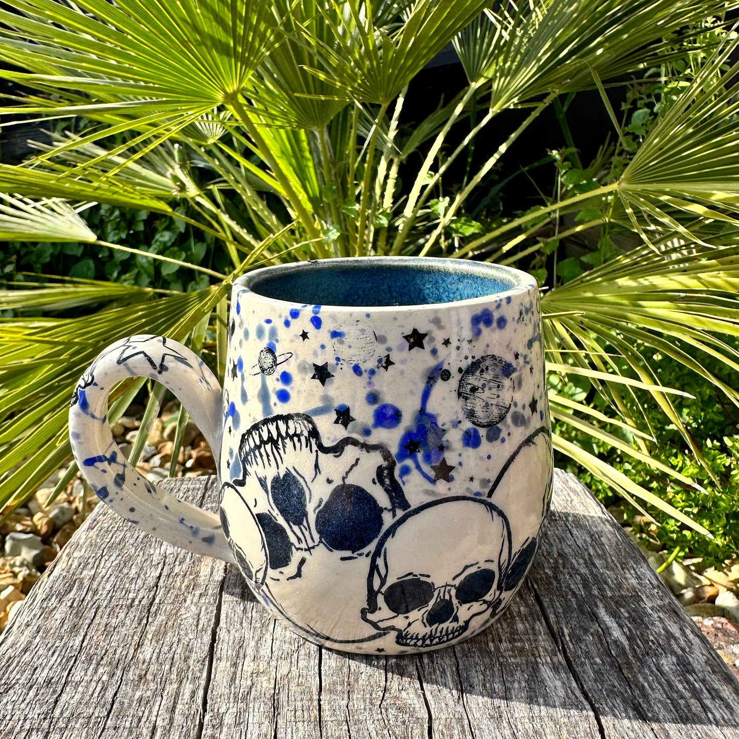 Skull and Star Mug, Handmade Blue Ceramic Cup
