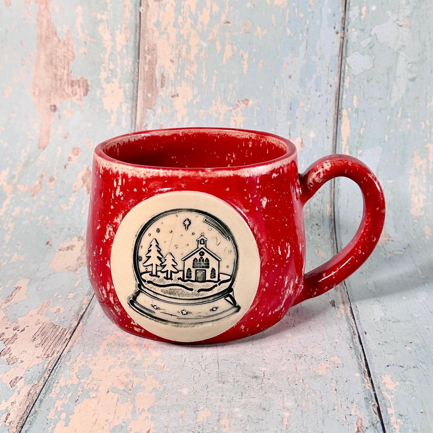 Red Christmas Snow Globe Mug, Handmade Ceramic Cup