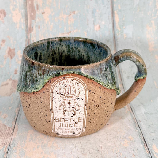 Green Beetle Juice Label Mug Halloween Spooky Season Cup