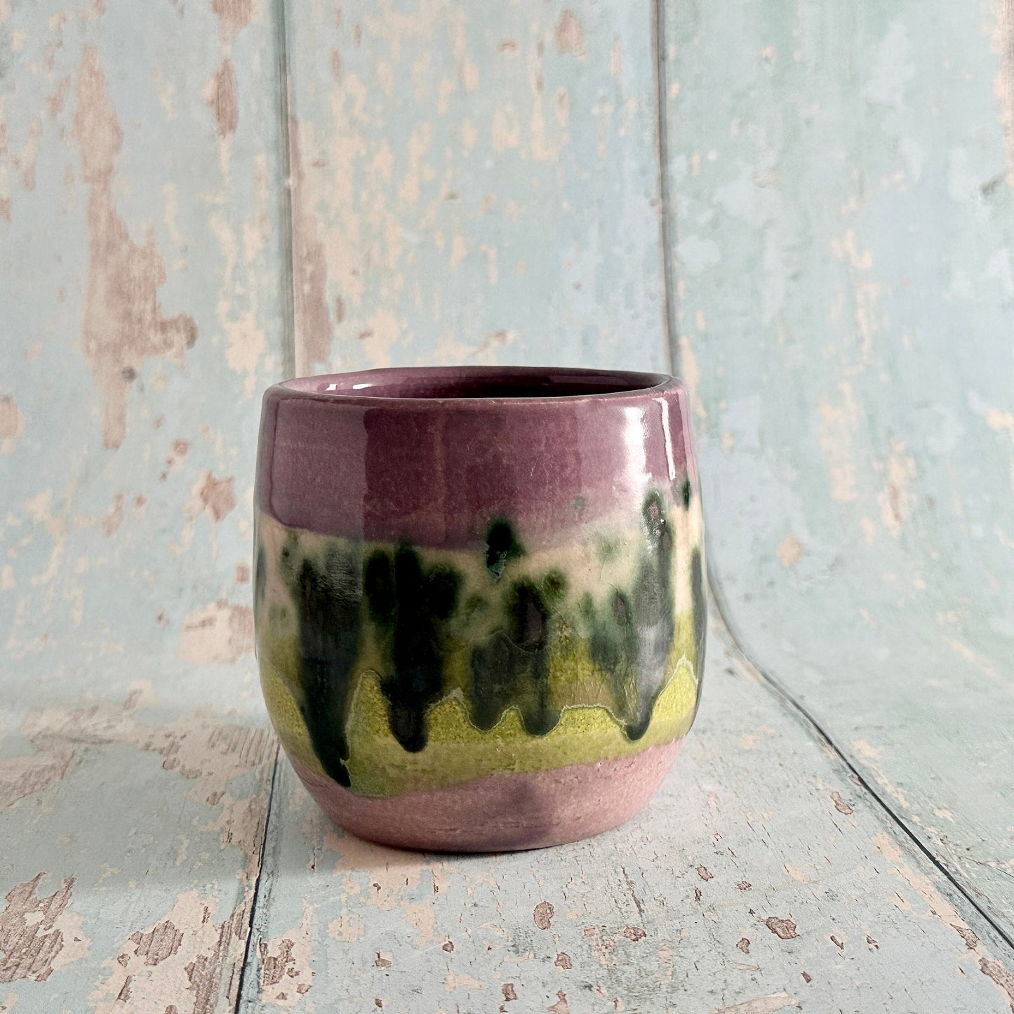 Handmade Purple and Green Mug, Drippy Glazed Ceramic Cup