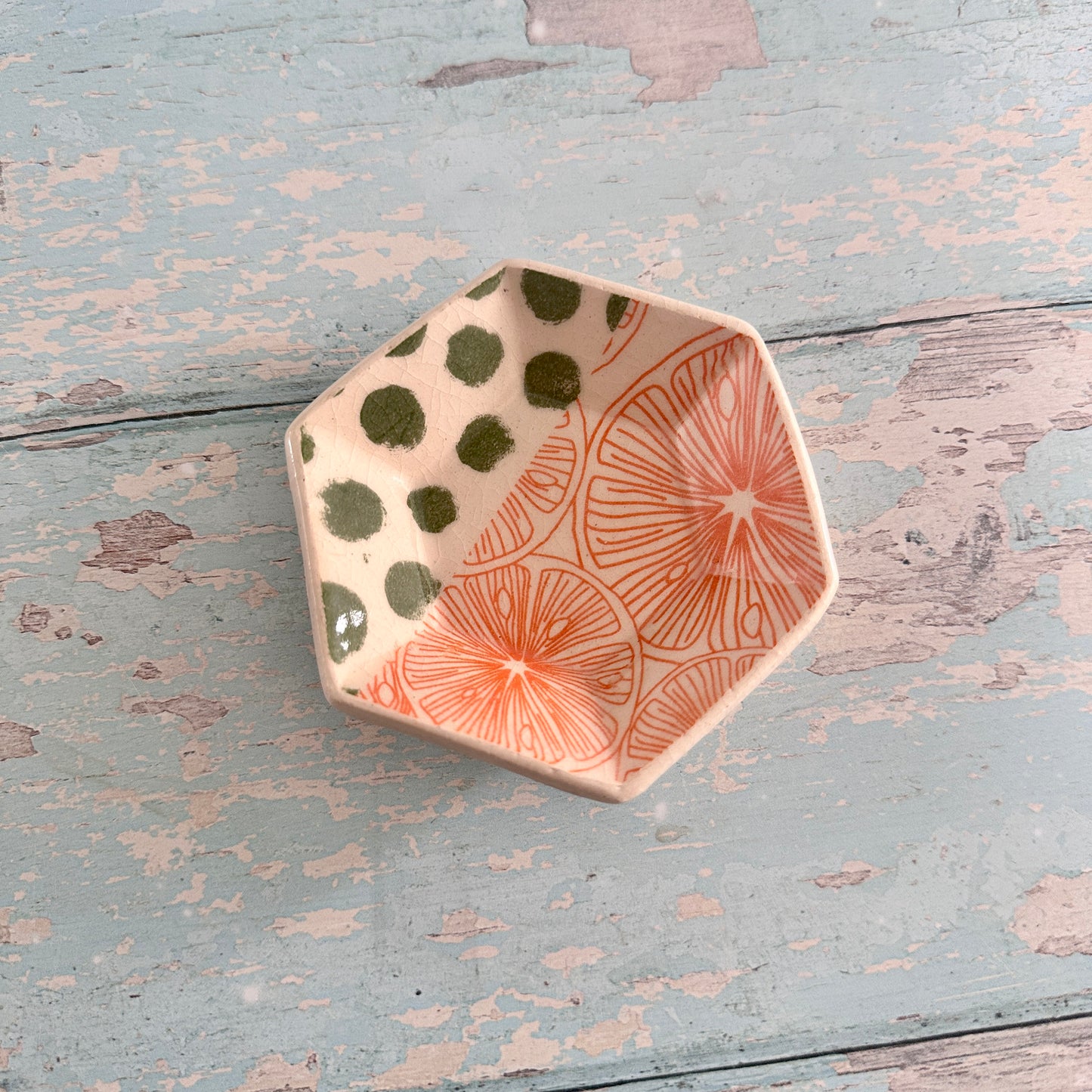 Orange and Green Jewellery Dish, Handmade Hexagon Ceramic Pot