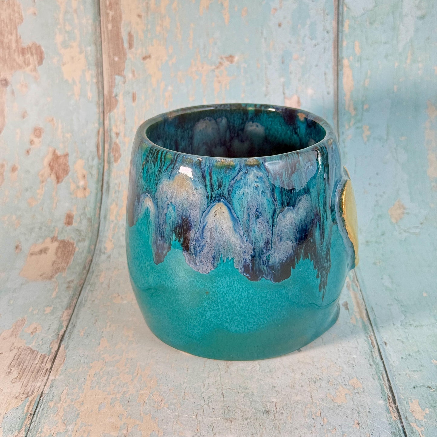 Turquoise, Black and Gold Heart Ceramic Mug, Large Pottery Cup