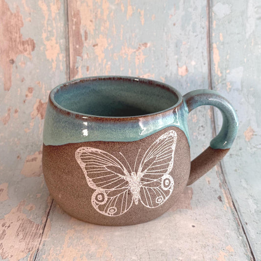 Turquoise Butterfly Mug, Large Ceramic Cup
