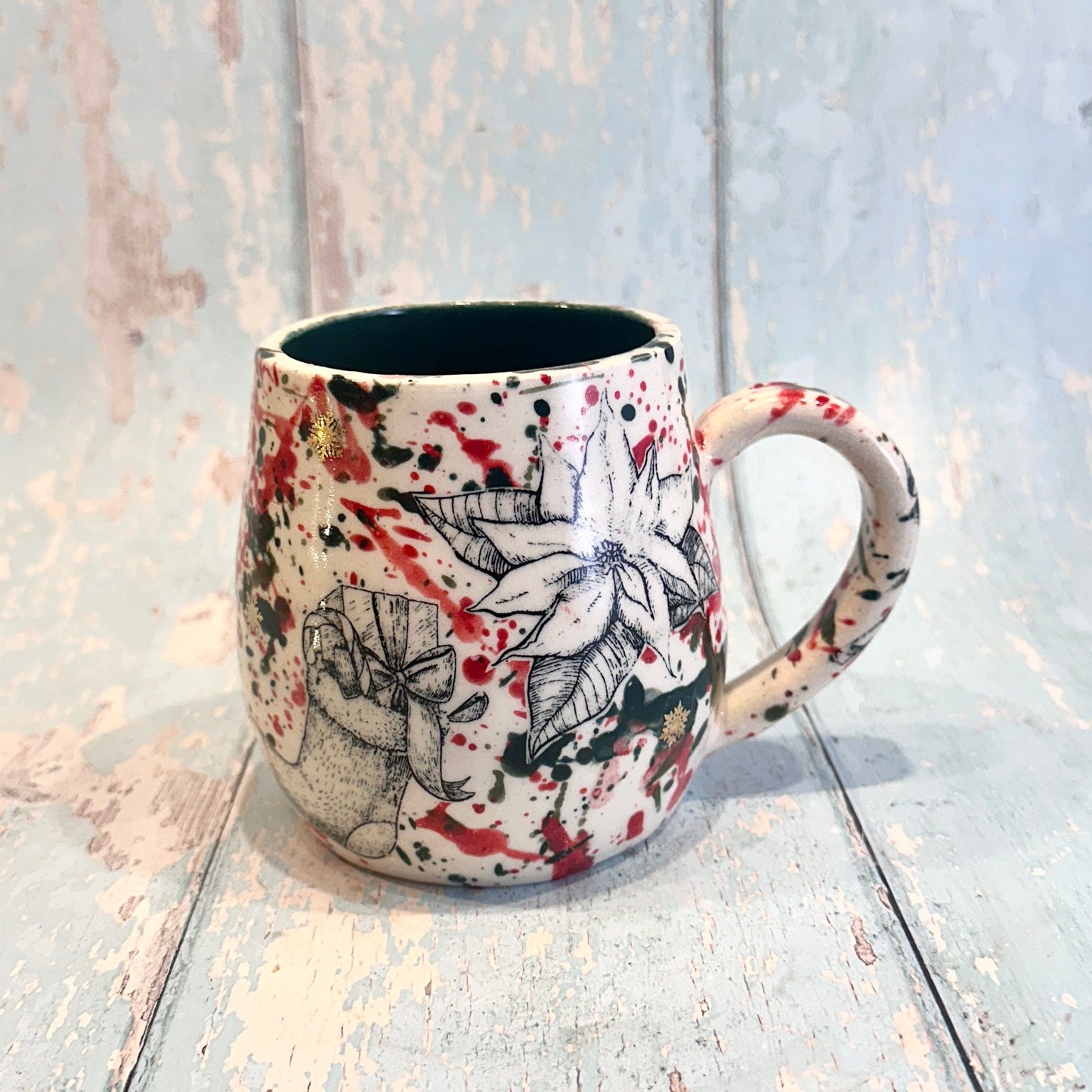 Large Christmas Mug, Handmade Ceramic Cup, Green Red Gold