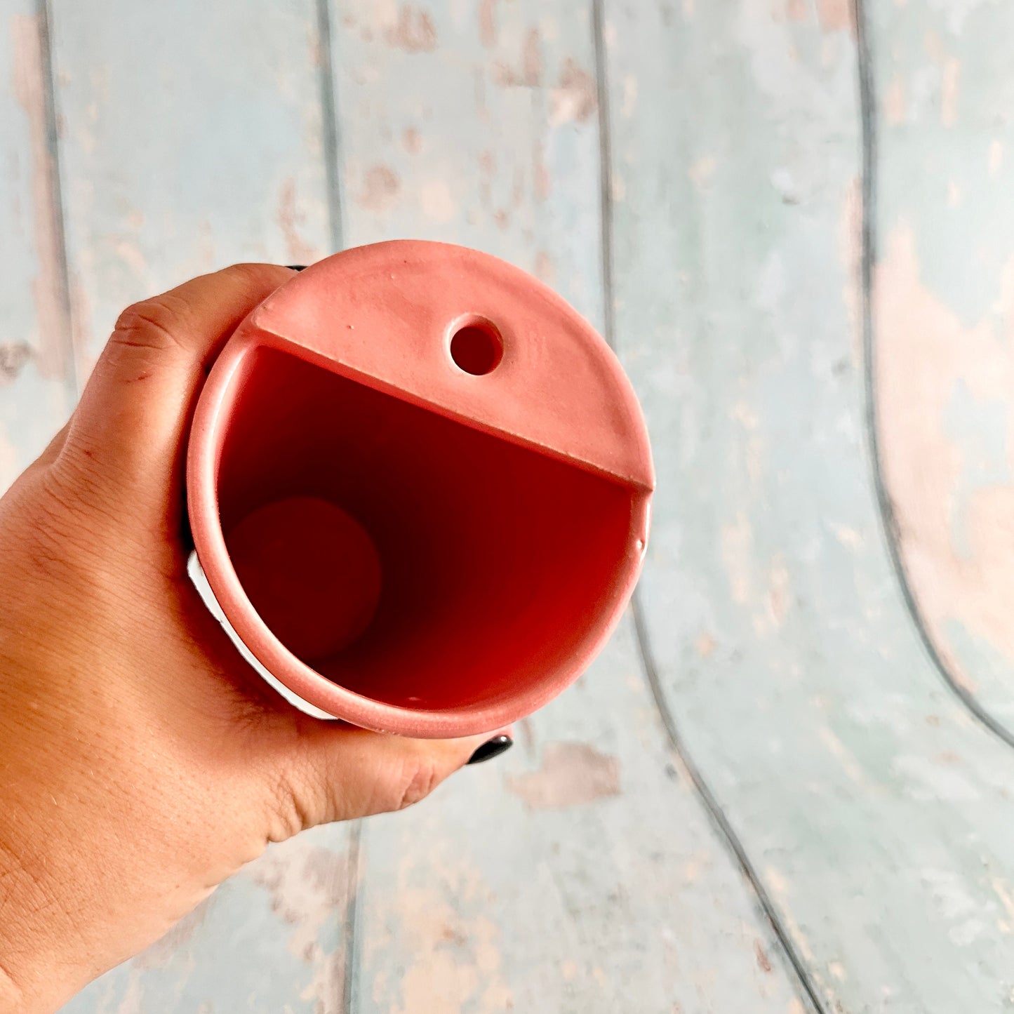 Coral Pink and Green Straw-holder Tumbler, Large Ceramic Cup