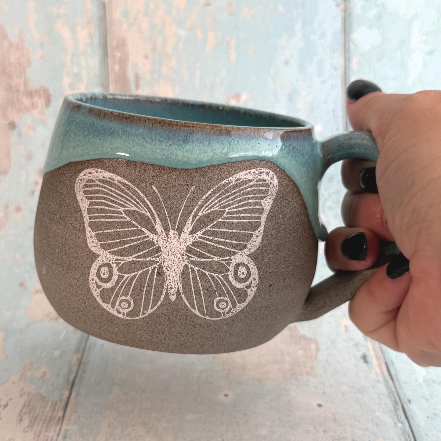 Turquoise Butterfly Mug, Large Ceramic Cup