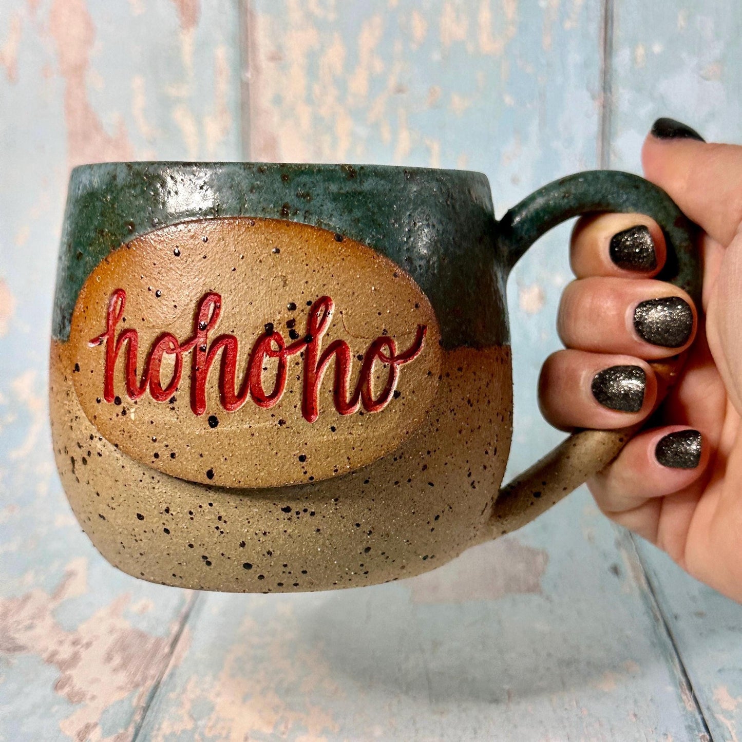 Green Christmas Hohoho Mug, Handmade Ceramic Cup - Father Christmas Santa