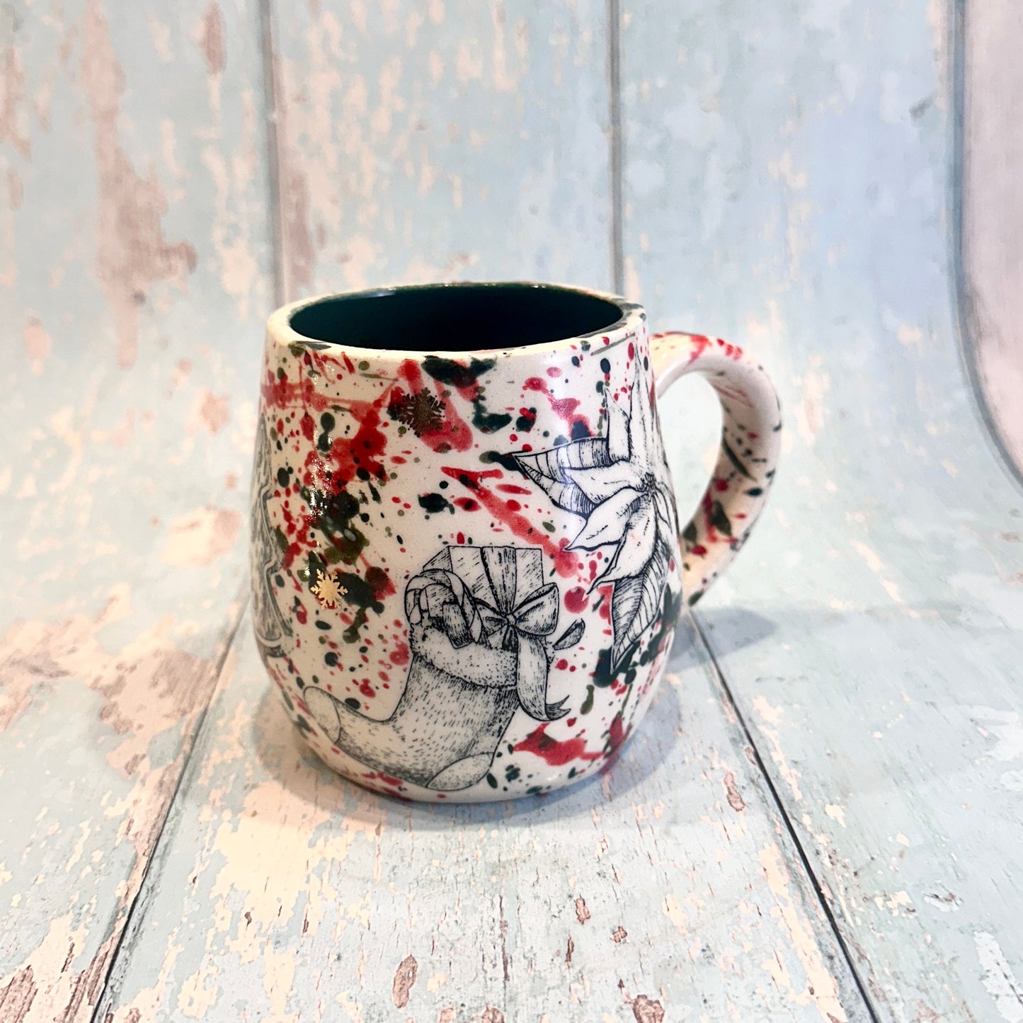 Large Christmas Mug, Handmade Ceramic Cup, Green Red Gold