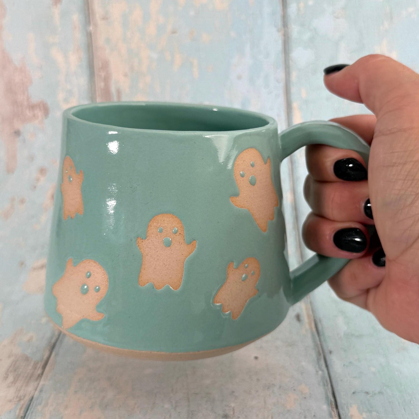 Turquoise Ghost Mug, Handmade Ceramic Cup, Spooky Halloween Mug
