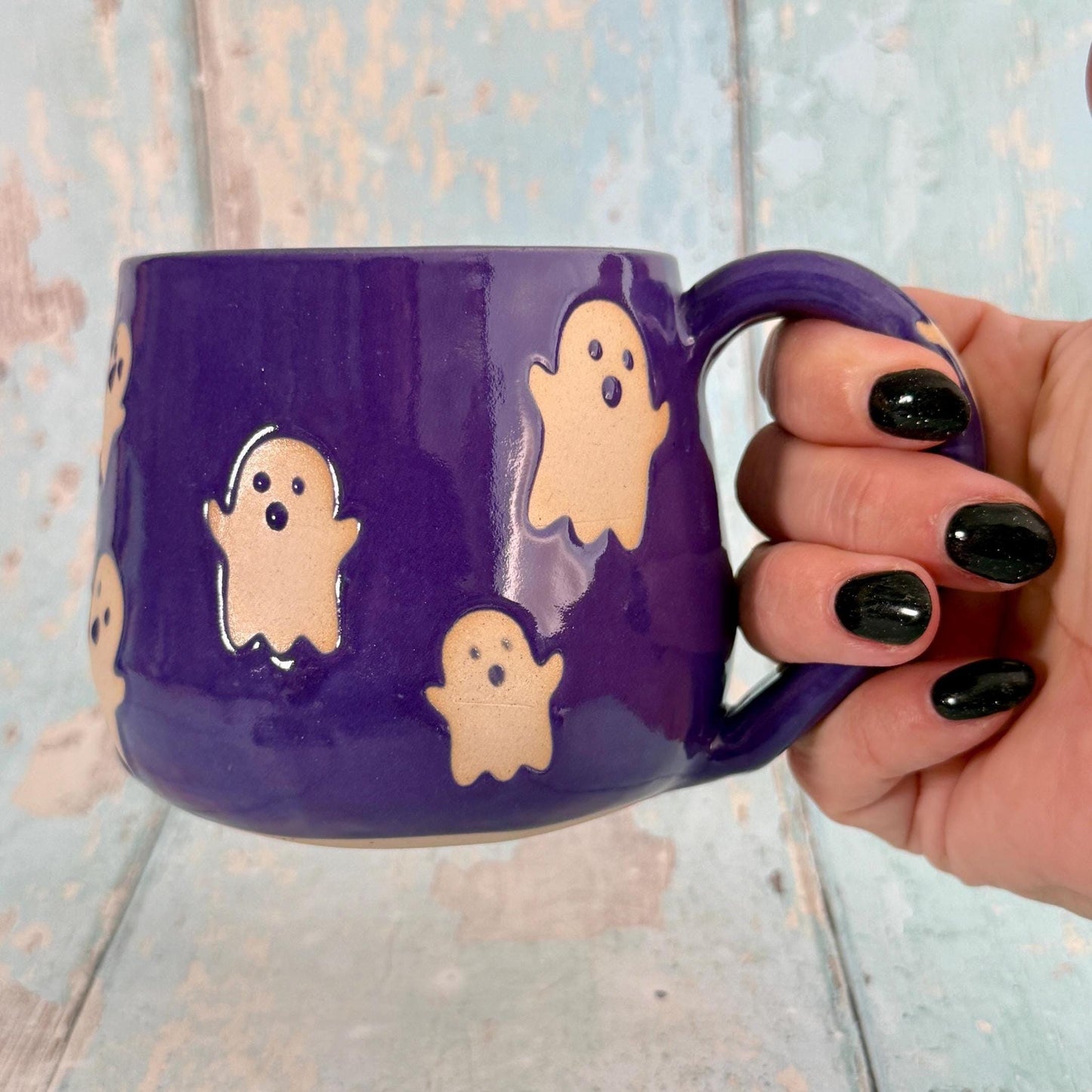 Purple Ghost Mug, Handmade Ceramic Cup, Spooky Halloween Mug