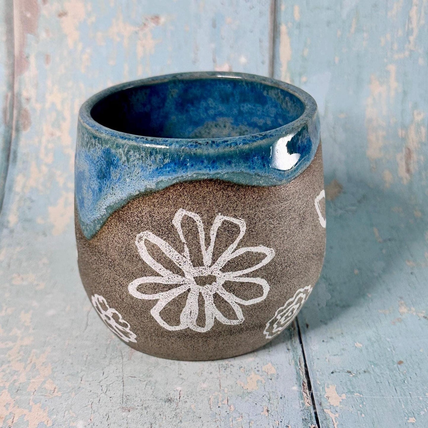 Blue and Grey Flower Mug, Large Handmade Ceramic Cup