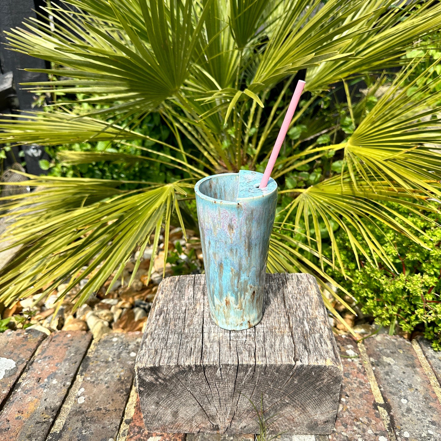 Tall Ceramic Cold Drink Straw Holding Tumbler, Handmade Modern Blue and Pink Cup