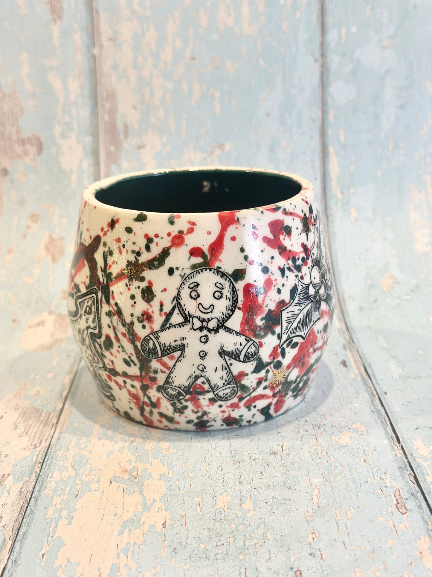 Large Christmas Mug, Handmade Ceramic Cup, Green Red Gold