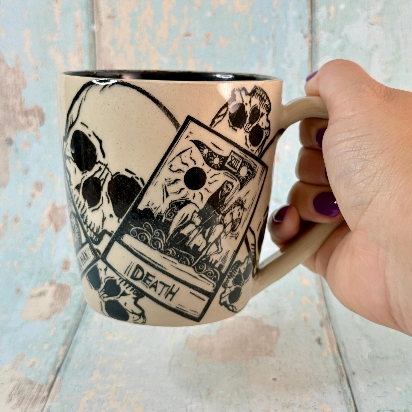 Black and White Tarot and Skull Mug, Large Ceramic Cup