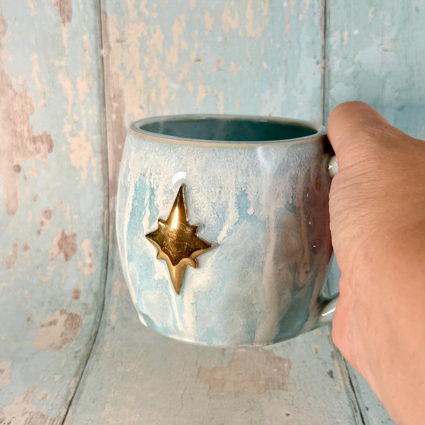 Blue and Gold Northern Star Mug, Handmade Ceramic Mug