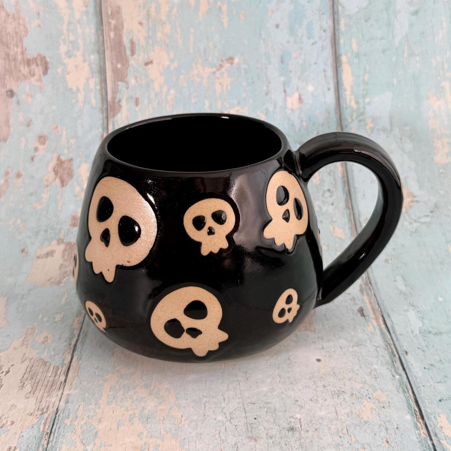 Black Skull Mug, Handmade Ceramic Cup, Spooky Halloween Mug