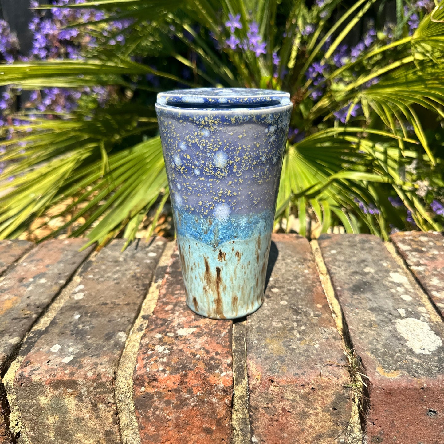 Tall Ceramic Cold Drink Straw Holding Tumbler, Handmade Modern Blue and Purple Cup