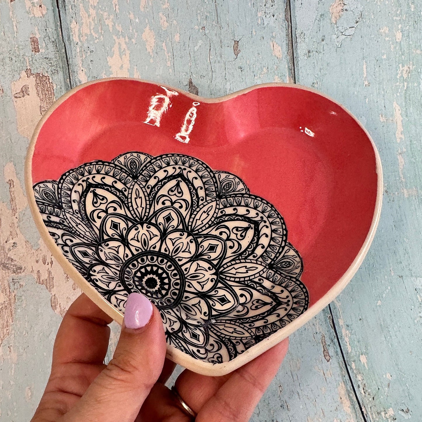 Pink Heart and Mandala Dish, Handmade Ceramic Plate