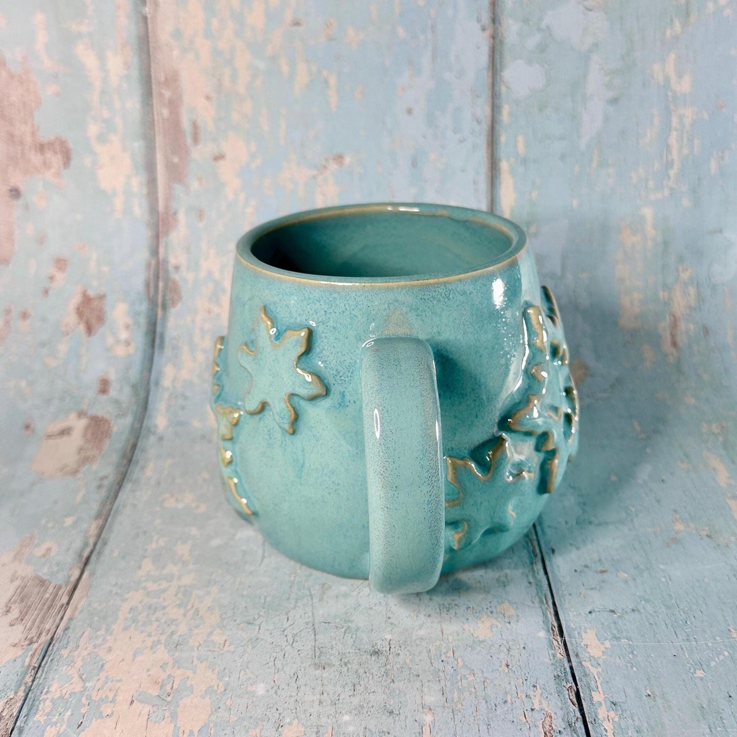 Turquoise Blue Christmas Snowflake Mug, Handmade Ceramic Cup