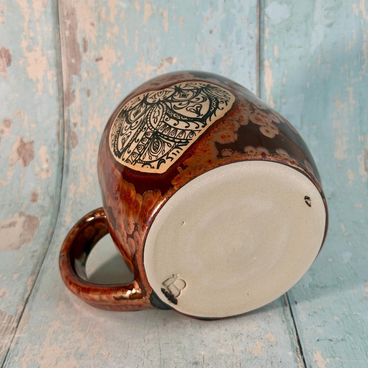 Heart Mandala Mug, Handmade Copper Ceramic Cup
