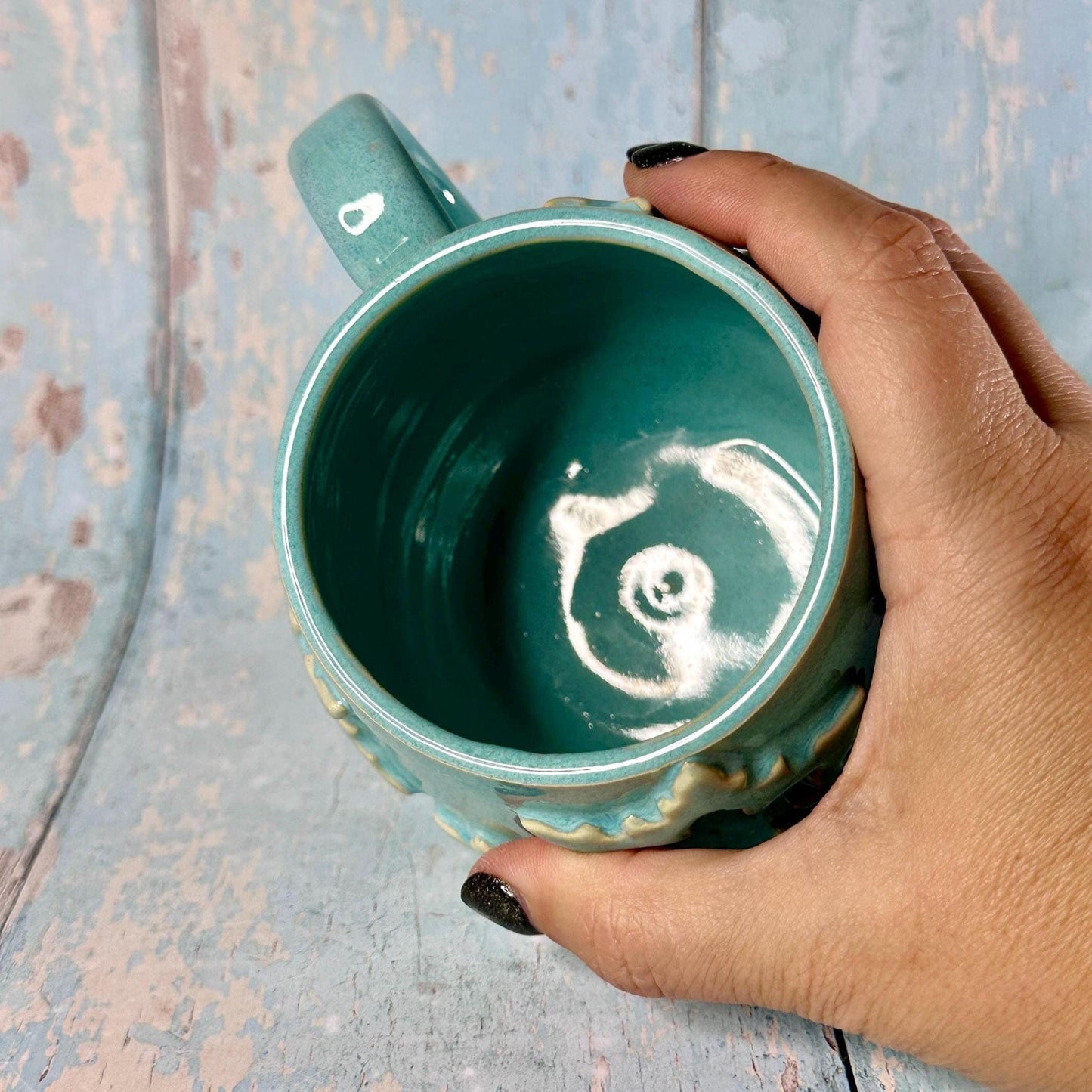Turquoise Blue Christmas Snowflake Mug, Handmade Ceramic Cup