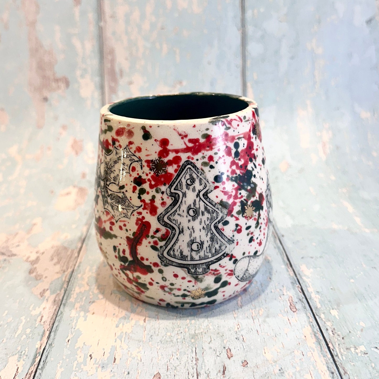 Large Christmas Mug, Handmade Ceramic Cup, Green Red Gold