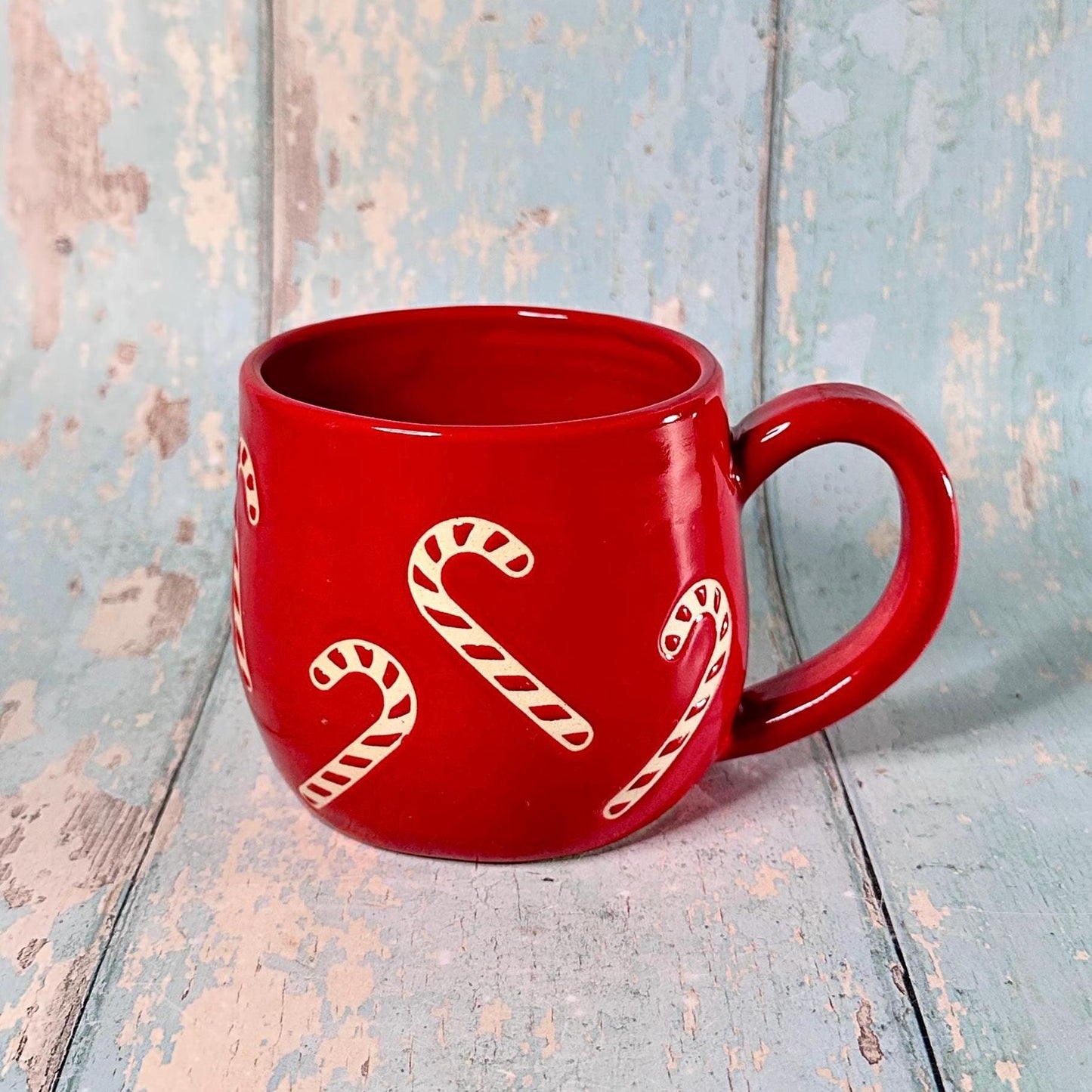 Red Christmas Candy Cane Mug, Handmade Ceramic Cup