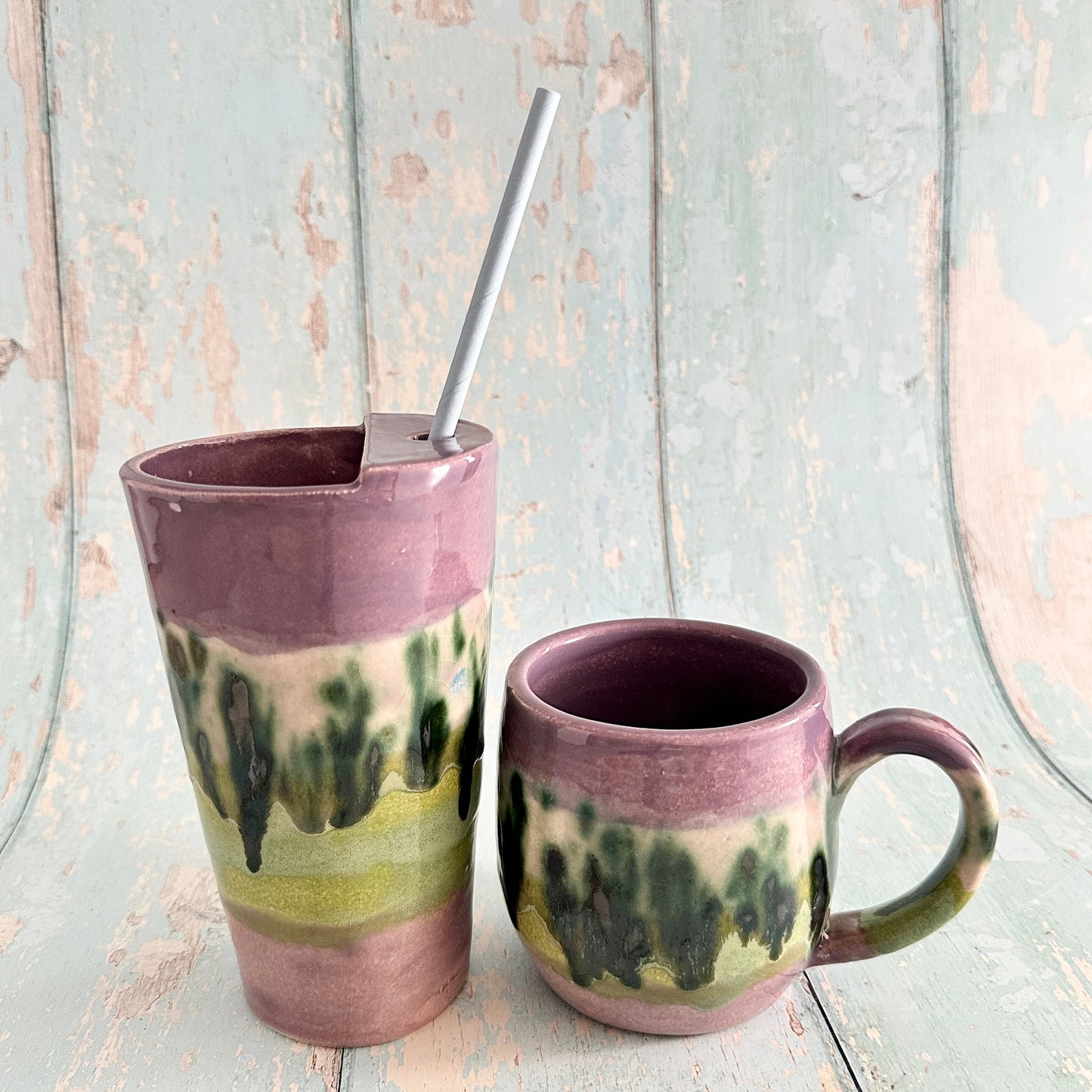 Purple and Green Straw-holder Tumbler, Large Ceramic Cup