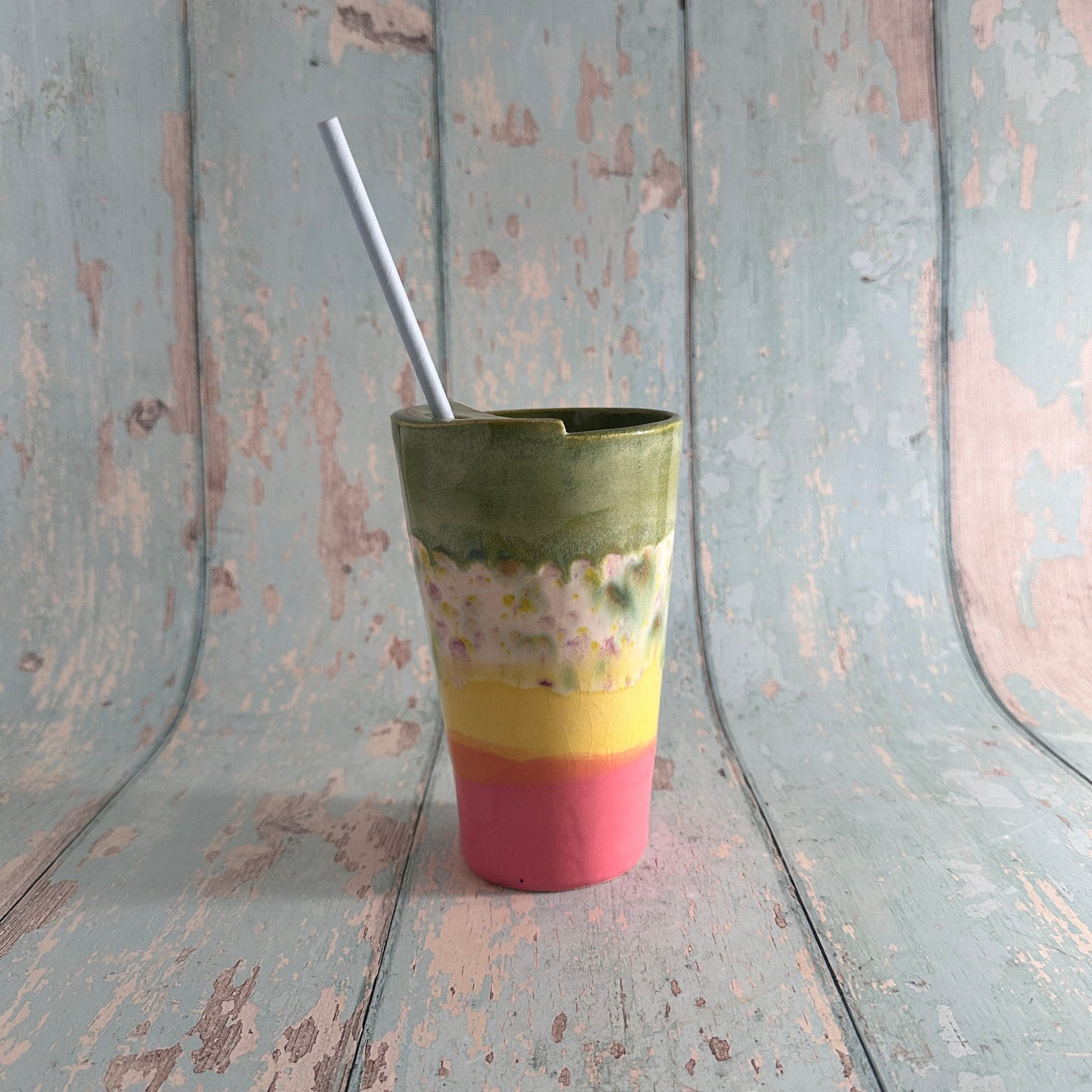 Pink and Yellow and Green Straw Holder Tumbler, Large Ceramic Cup