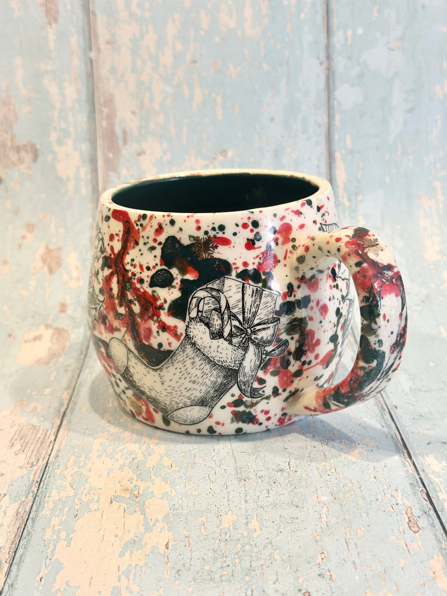 Large Christmas Mug, Handmade Ceramic Cup, Green Red Gold
