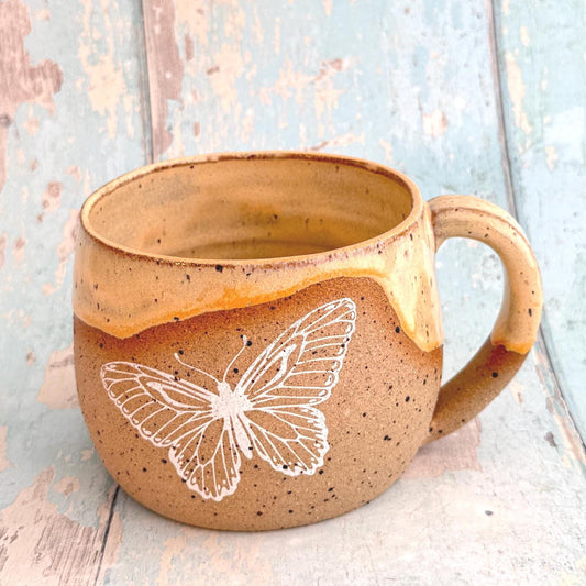Peach Butterfly Mug, Large Ceramic Cup