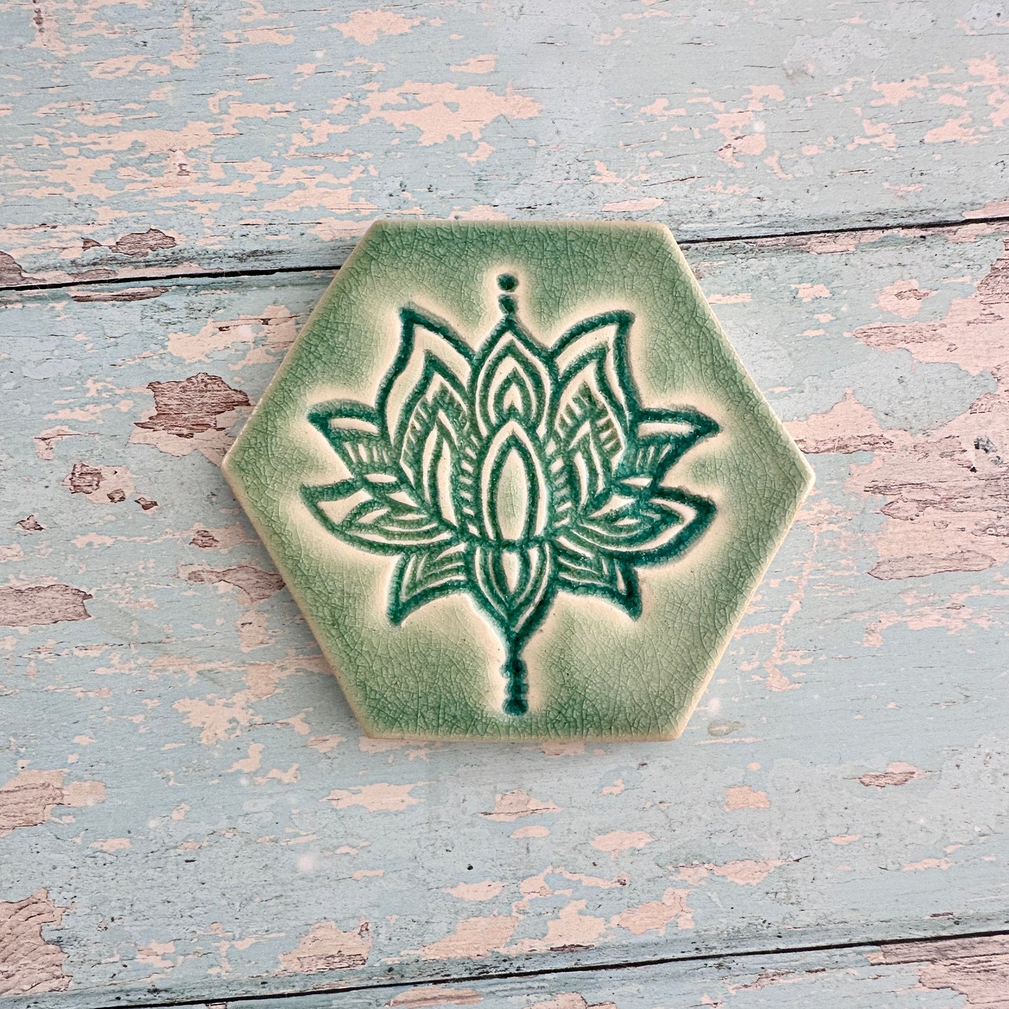 Turquoise Lotus Flower Coaster Handmade Ceramic