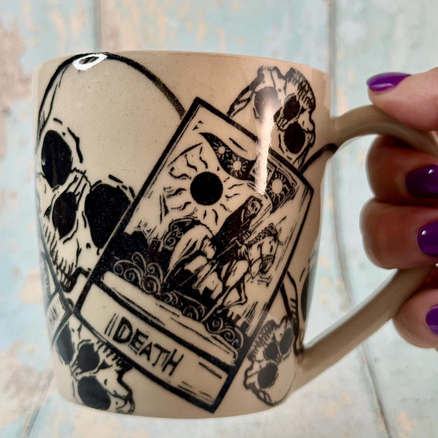Black and White Tarot and Skull Mug, Large Ceramic Cup