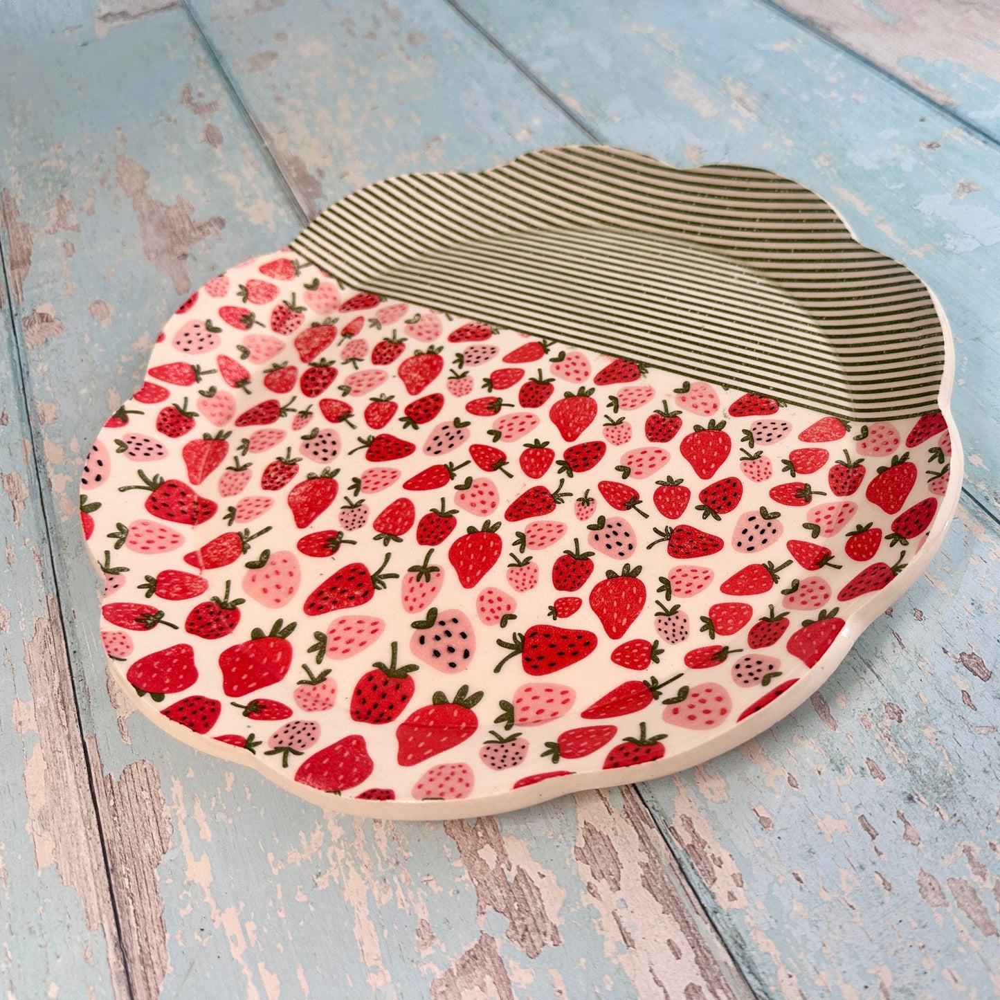 Strawberry Platter,  Red and Green Large Handmade Round Ceramic Cake  Plate