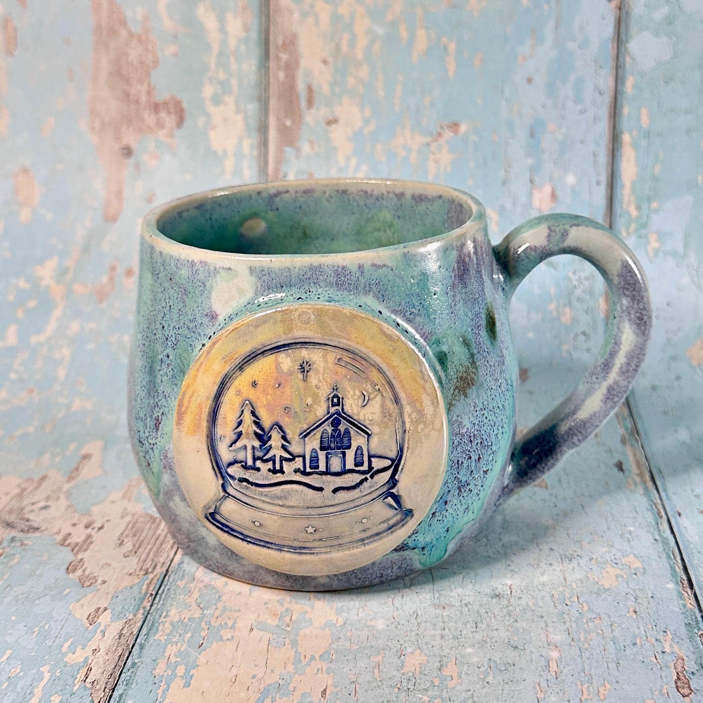 Green and Purple  Christmas Snow Globe Mug, Handmade Ceramic Cup