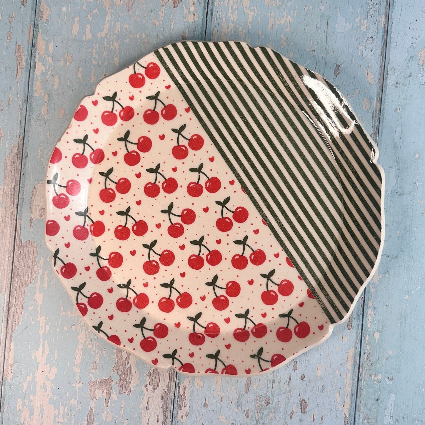Strawberry Platter,  Red and Green Large Handmade Round Ceramic Cake  Plate