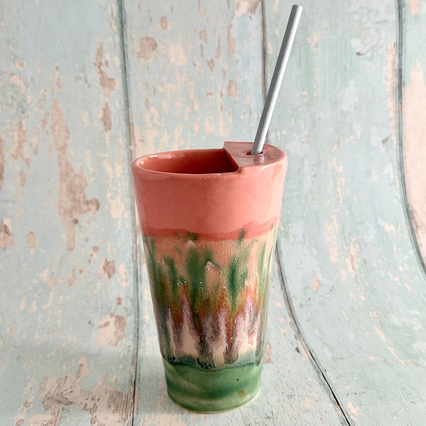 Coral Pink and Green Straw-holder Tumbler, Large Ceramic Cup