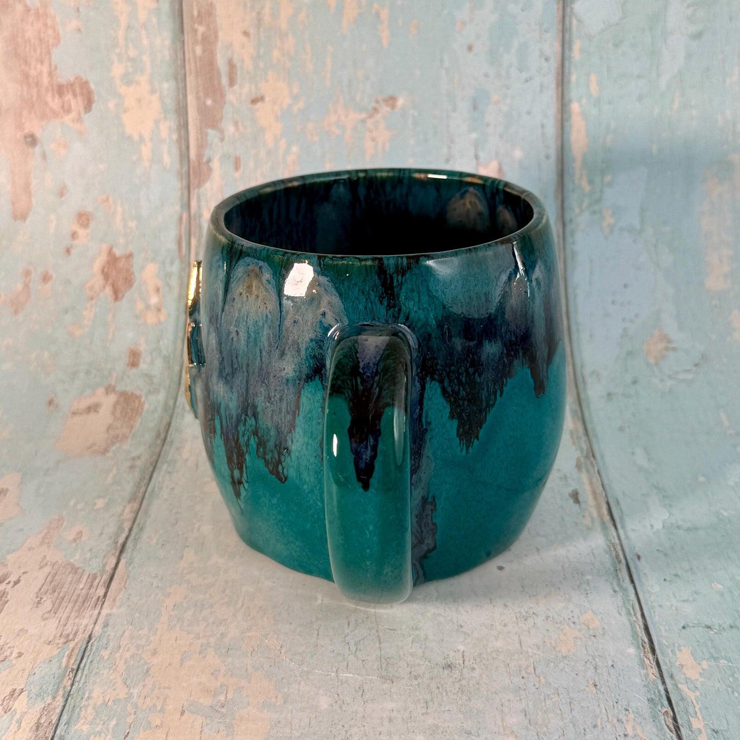 Turquoise Gold Northern Star Mug, Handmade Ceramic Mug