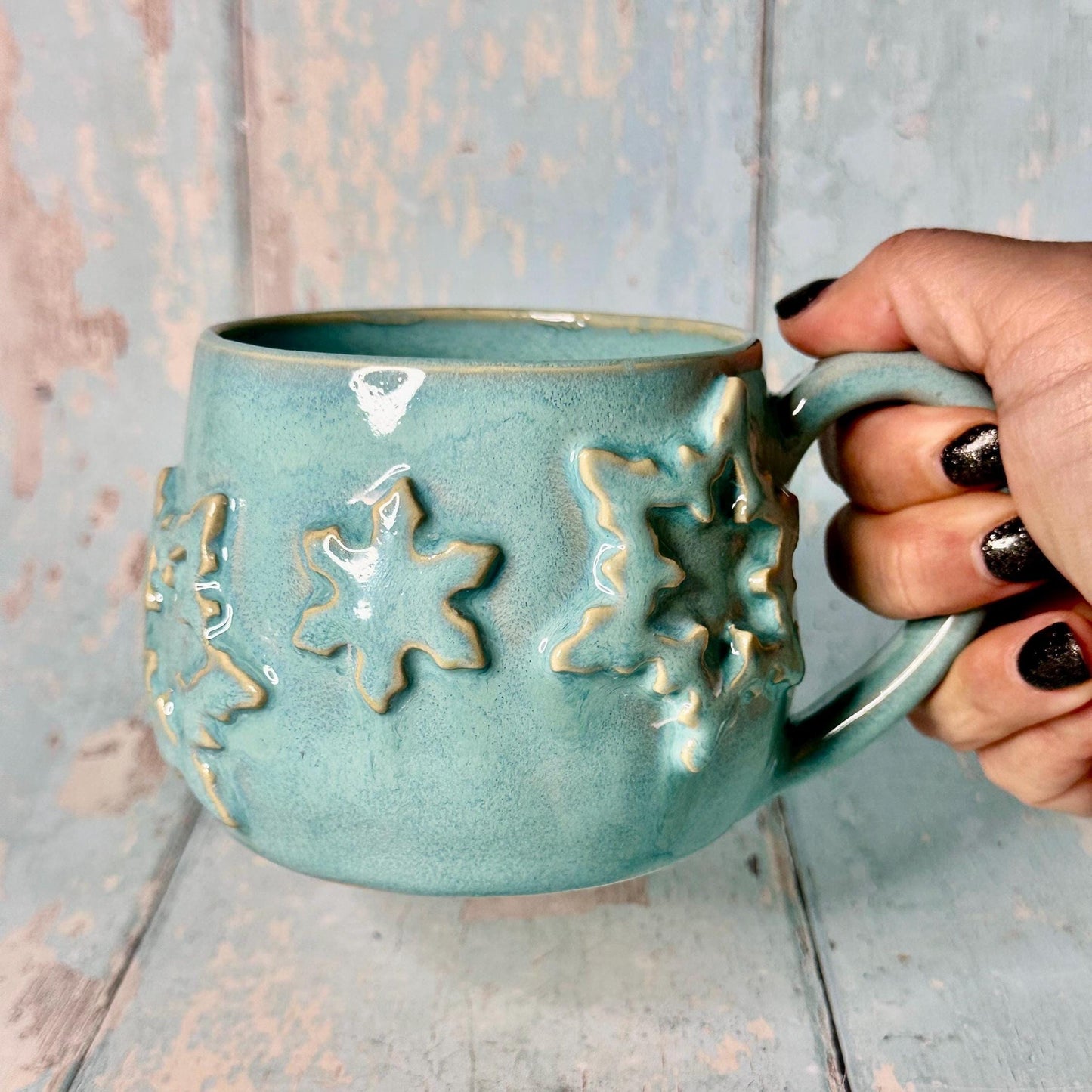 Turquoise Blue Christmas Snowflake Mug, Handmade Ceramic Cup